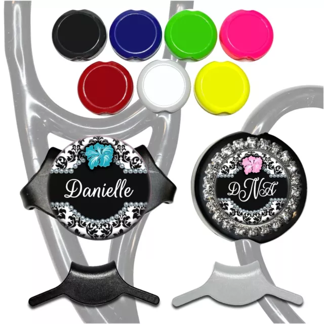 Stethoscope Tag Personalized Damask Flower (8 Colors) Name Id for Nurse, Doctor