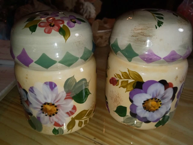 Vintage Large Ceramic Hand painted Enamel Floral Salt & Pepper Shakers