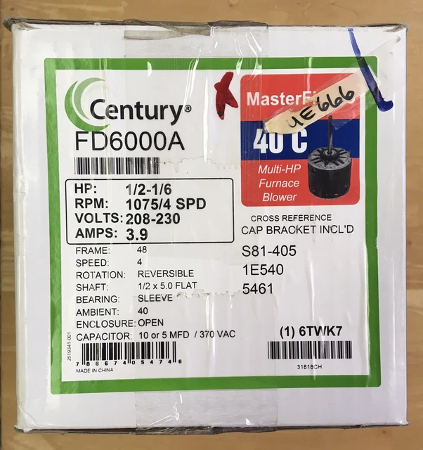 Century FD6000A Motor 1/2-1/6 HP 1075 RPM 208-230 V 3.9 AMPS
