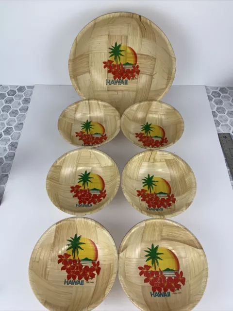 Vintage Hawaii Salad Set 7pc Tourist Piece ‘82 Complete Serve Ware Bamboo/Resin