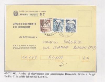 CIB_119 1983 STORIA POSTALE CASTELLI IN BOBINA AVVISO RICEVIMENTO 