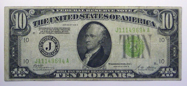 1928 B U.S.  $10 Ten Dollar FRN Federal Reserve Note Kansas City Missouri LOOK