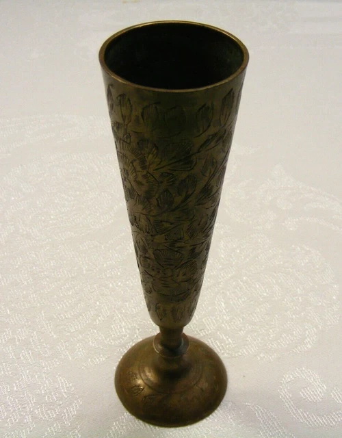 Vintage Footed Brass Bud Vase Etched Leaf Pattern Design Made in India 5-e