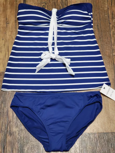 NWTO Lauren Ralph Lauren Women's Blue Halter Tankini White Stripes Swimsuit