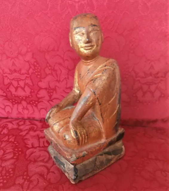 Buddha Disciple Sariputra 19th C. Carved Gilt Wood Statue Burmese Buddhist Art 2