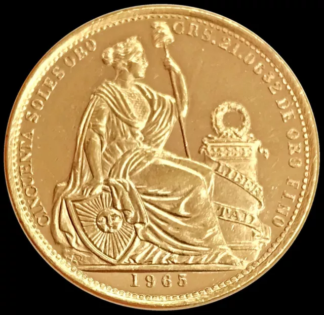 1965 Gold Peru 50 Soles Seated Liberty Coin Lima Mint