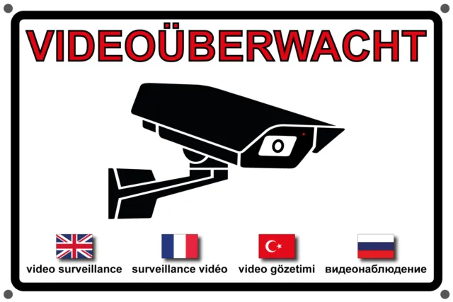 VIDEOÜBERWACHT Schild / Aufkleber, weiss, mehrsprachig, Warnung, Überwachung