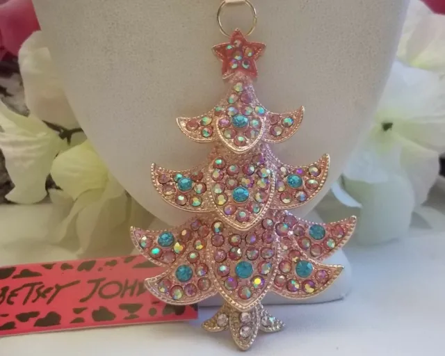 Betsey Johnson Beautiful Pink Christmas Tree With Blue Accents Pendant Necklace
