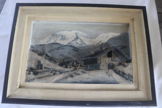 grand tableau en bois sculpté en relief chalet de montagne Alpes 57.7 /41.7 cm