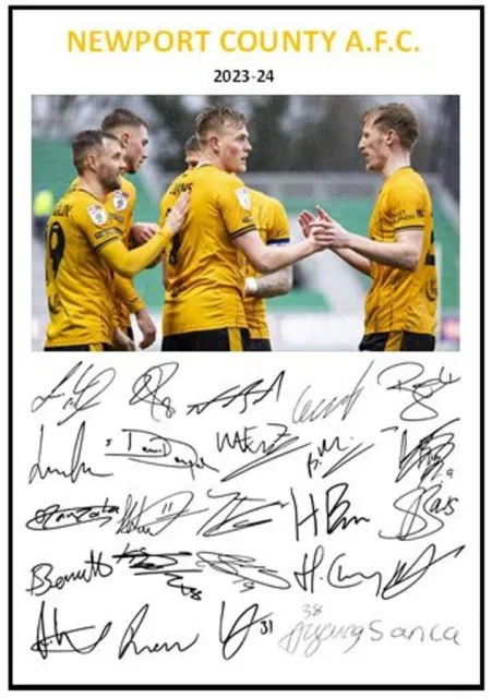 758. 2023-24 Newport County Signed Team Picture Sheet (PRINTED AUTOGRAPHS - A4)