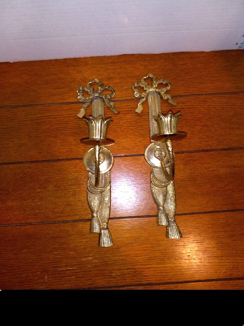 Vintage Andrea by Sadek Brass Candle Wall Sconces Bow Tassels 13.5”