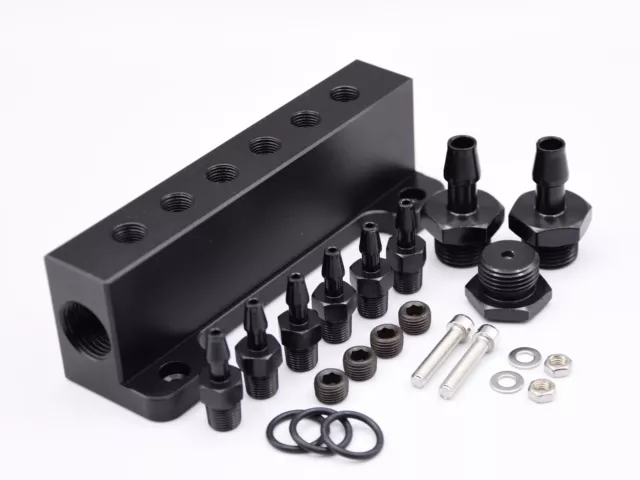 Universal Unterdruck Verteiler Set Aluminium Schwarz Ladedruck Vakuum Anschluss