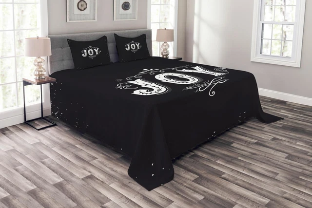 Joy Quilted Bedspread & Pillow Shams Set, Retro Style Ornate Quote Print