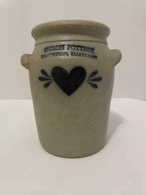 1989 Shiloh Pottery Cobalt Blue Heart Salt Glaze Stoneware 2 Handle 7” Crock