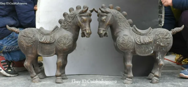 24" China Bronze Fengshui Dragon phoenix Zodiac Year Tang Horse Horses Pair