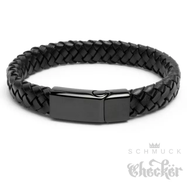 Echt Leder Herren Armband geflochten schwarz Edelstahl Schließe Hochwertig XL