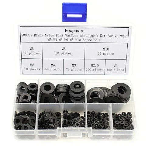 Eowpower 500Pcs Black Nylon Flat Washers Assortment Kit for M2 M2.5 M3 M4 M5