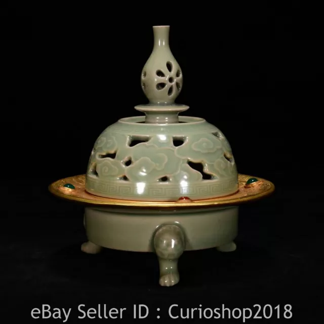 5.6" Antique Old Chinese Yue Kiln Inlay Gems Porcelain Dynasty incense burner
