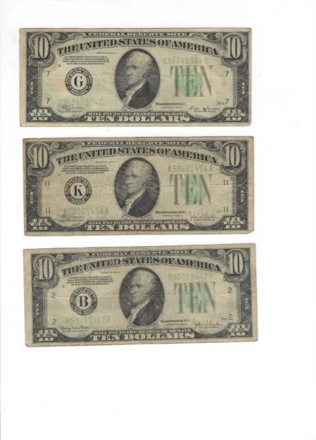 1934 series B,C,D set $10 federal reserve note-green seal-F2007g-F2008k-F2009b