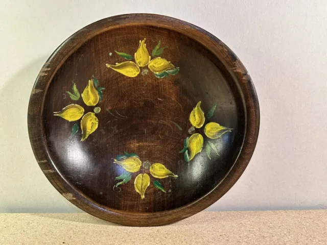Vintage Hand Painted Floral Wooden Bowl Yellow Flowers