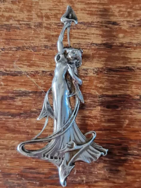 Art Nouveau Style Lady with Lilies Brooch, 925 Sterling Silver, Hallmarked