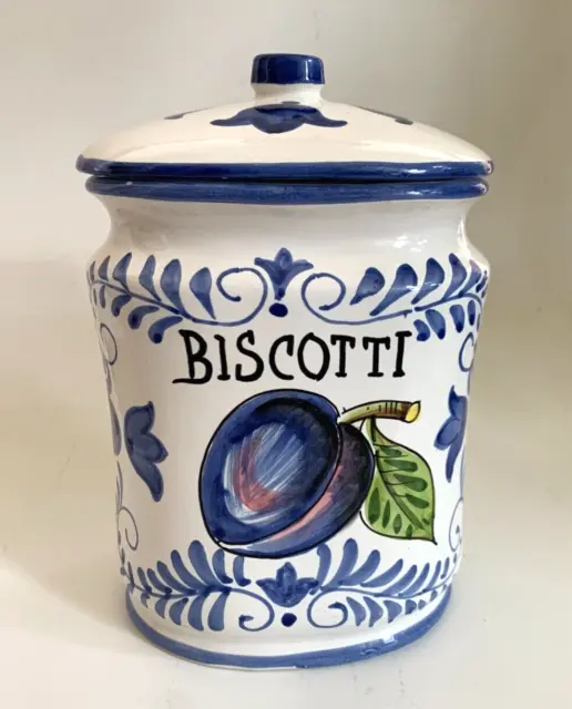 Ceramic Hand Made & Painted BISCOTTI Cookie JAR Lid Canister PLUM Made in Italy