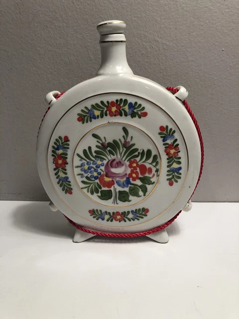 Vintage Hand Painted Hollohaza Hungary Footed Decanter W/Folk Art Floral Design