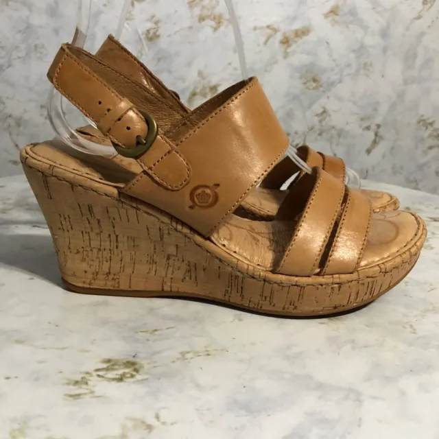 Born Womens Sz 7M Shoes Brown Leather Strappy Comfort Cork Wedge Platform Sandal