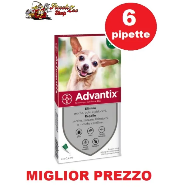 Bayer Advantix fino a 4 kg 6 pipette antiparassitario per cane 0-4 kg