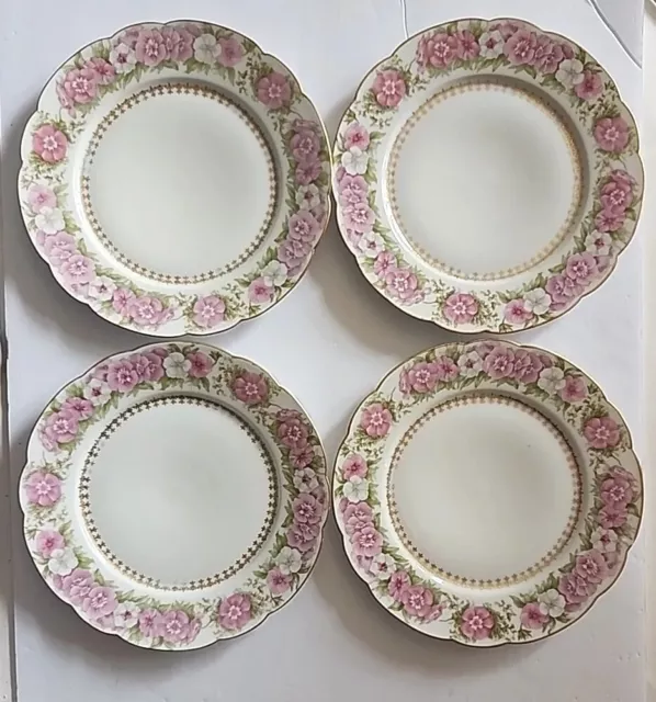 T&V Tressemanes & Vogt Limoges DinnerPlates Pink Roses  Gold Trim Set Of 4