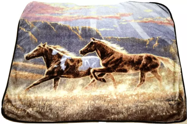 Wild Horses Northwest Throw Country Blanket Signed Abraham J Hunter 60 x 42"