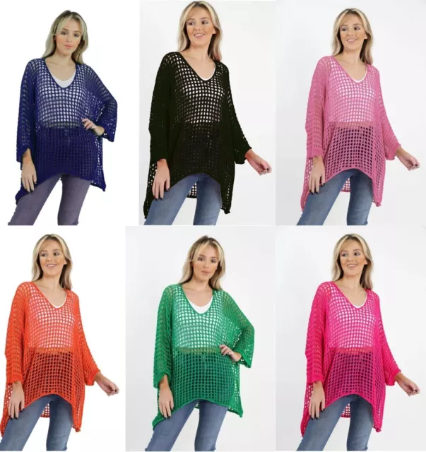 New Italian Ladies Quirky Women's Crochet Lagenlook Casual Summer Top Tunic