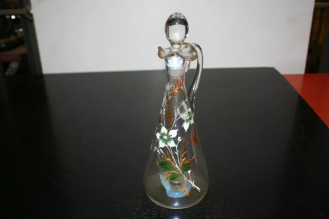 Carafe émaillée verre soufflé , décor floral.Legras
