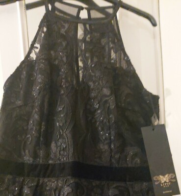 Lipsy VIP London Black Embroidered Halterneck Glam Bodycon Lace Dress Size 12