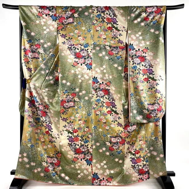 Japanese kimono SILK"FURISODE" long sleeves, Gold/Silver leaf, Camellia,65".2219