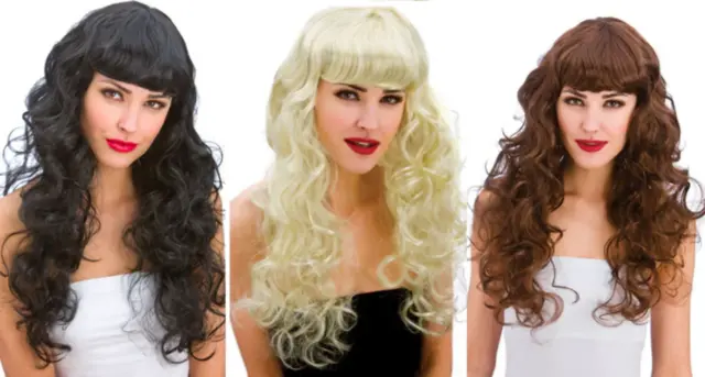 Ladies Long Curly Wig Adults Brown Black Blonde Fancy Dress Fringed Wig