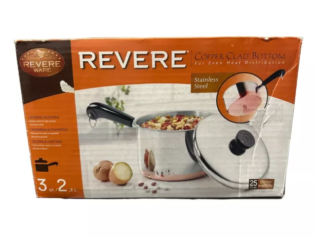 Revere Ware 3 qt Copper Clad Bottom Stainless Steel Covered Lid Saucepan