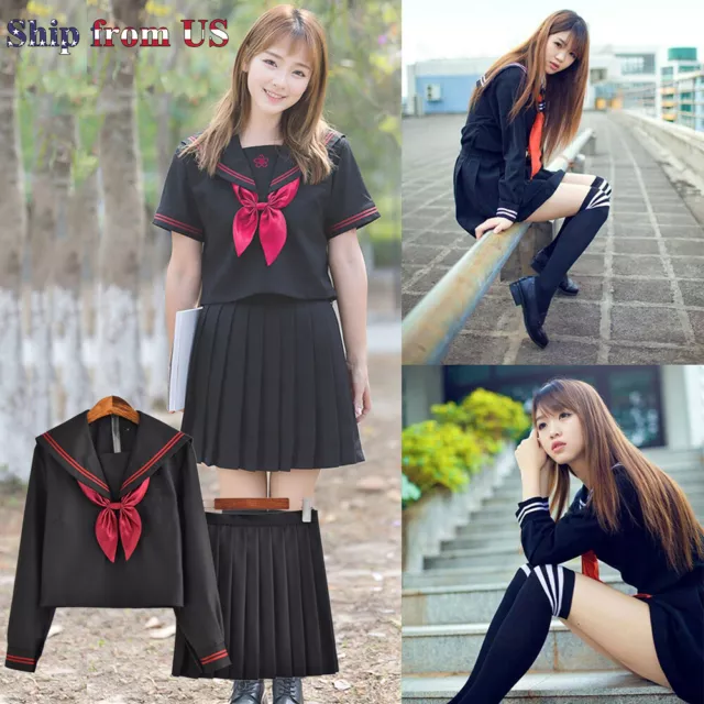Japanese Sailor School Uniform JK Women Girl Black Furyo Shoujo Costume Dress
