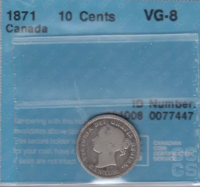 1871 Canada Ten Cents Silver Coin - CCCS - VG-8