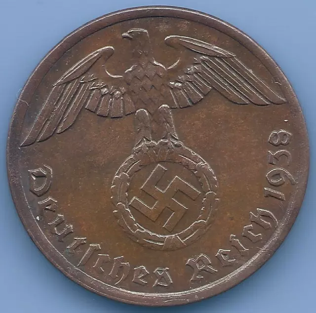 Germany Third Reich 1938 Authentic UNCLEANED 2 Pfennig Coin in 2x2 Coin Holder