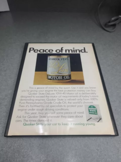 1972 Vintage Print Ad Quaker State Deluxe Motor Oil Peace of Mind Framed 8.5x11