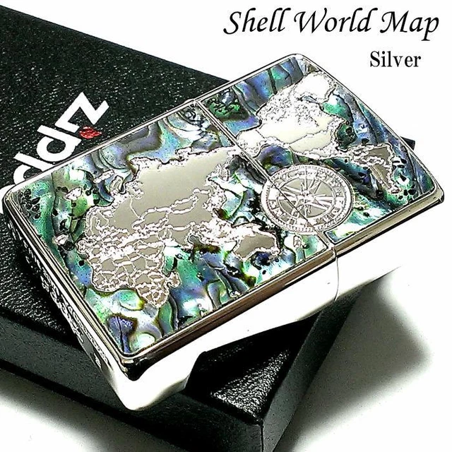 Zippo Armor Case Oil Lighter Shell World Map Silver Brass Etching Japan