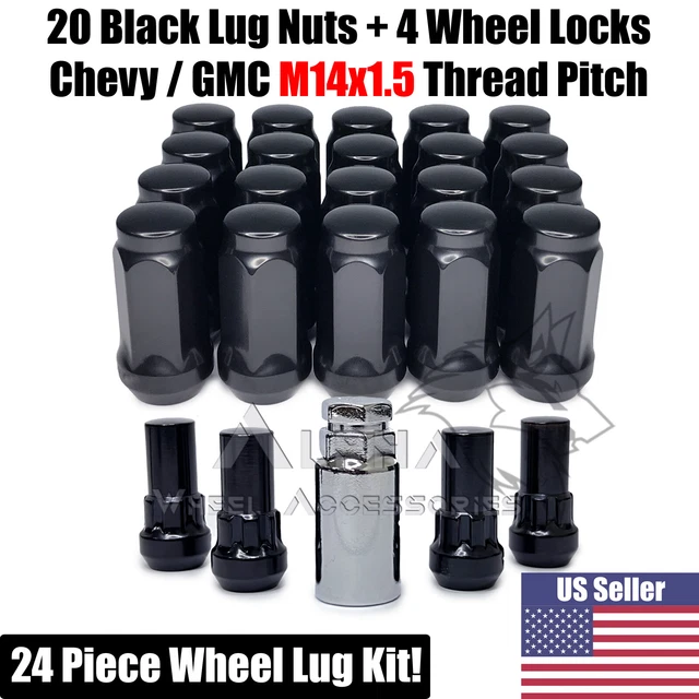 20 BLACK ACORN Lug Nuts + 4 Wheel Locks M14x1.5 For Chevy Silverado