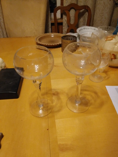 2~ Etched Crystal Large Balloon 8.5” Wine Glasses Goblets 16oz Stemware