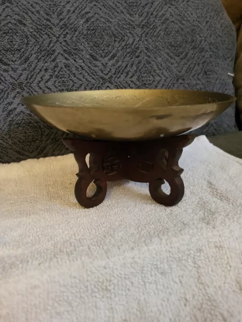 Antique Brass Chinese Prayer Meditation Bowl Etched Singing 1890-1921 & w/ stand