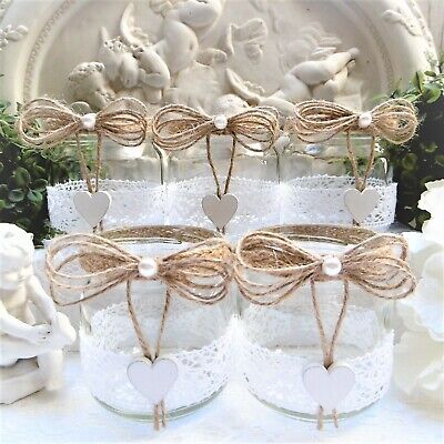 3 Windlichter Vasen Hochzeit Tischdeko Herz Spitze Vintage Taufe Jute TD0074 