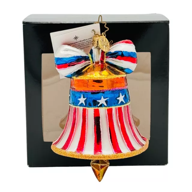 Christopher Radko Freedom Rings Glass Patriotic Bell Christmas Ornament 4” NEW