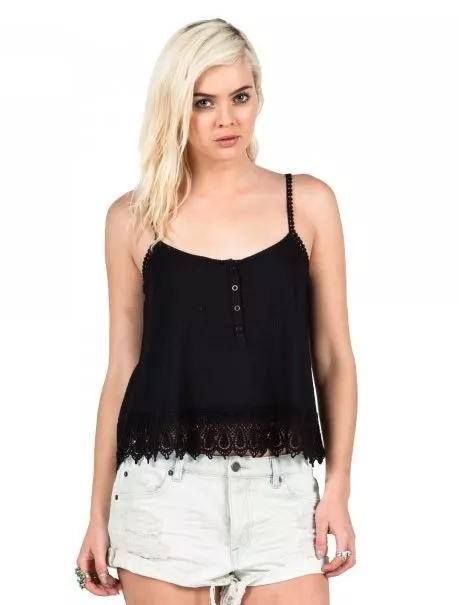 NWT WOMENS VOLCOM PINNED TANK TOP $40 S black crochet trim cami straps