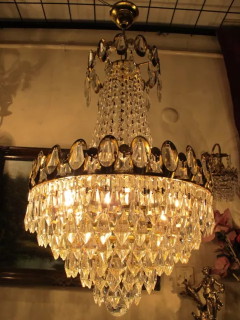 Antique Vintage Crystal chandelier,brass Light, French Basket style elegant Lamp