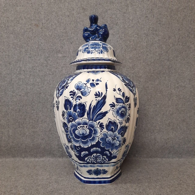 Dutch Flora - blue & white 13'' high Delft lidded vase, ginger jar